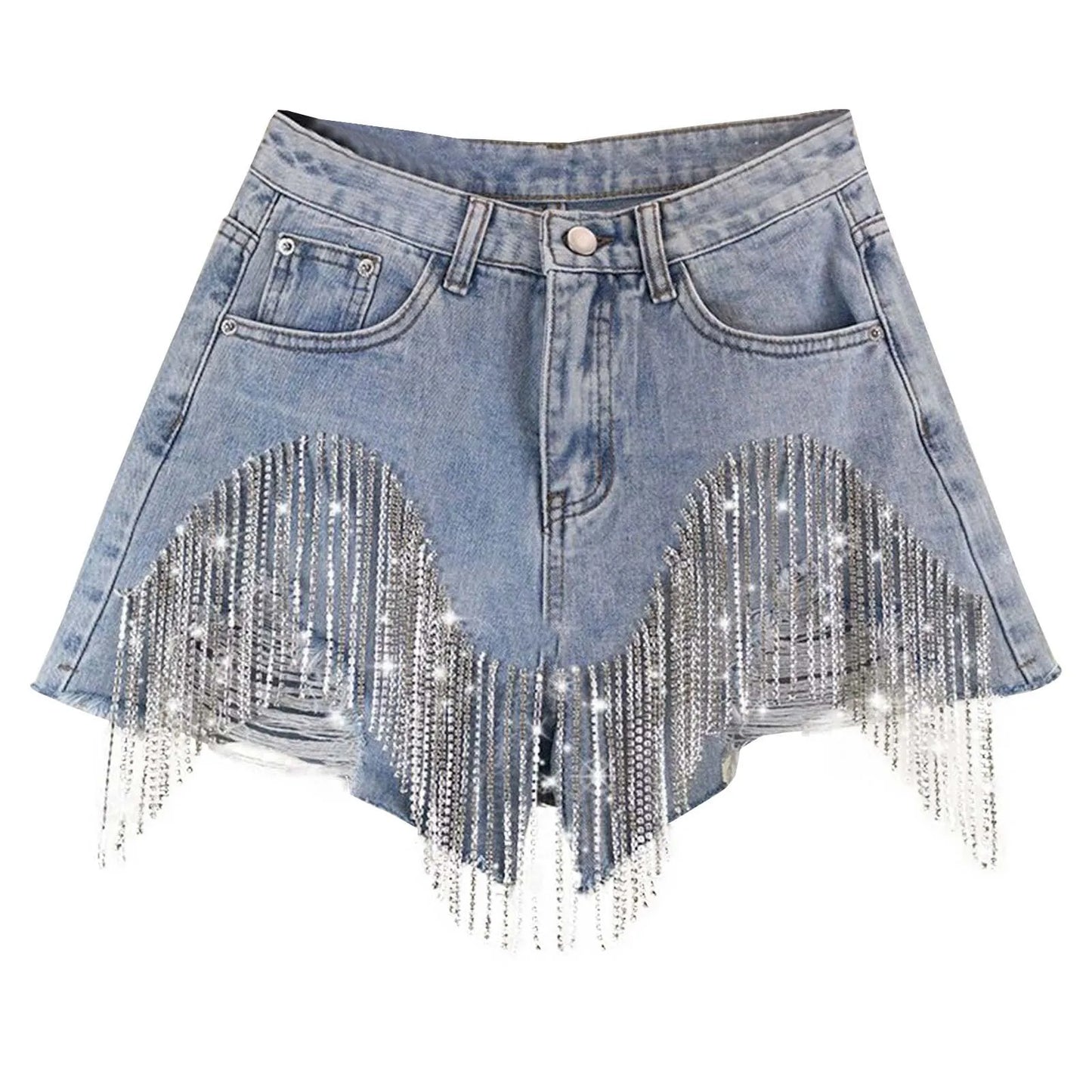Women's Fashion Casual Solid Color High Waisted Denim Shorts with Diamond Embellishments and Heavy Tassel Chain A-Line Wide Leg