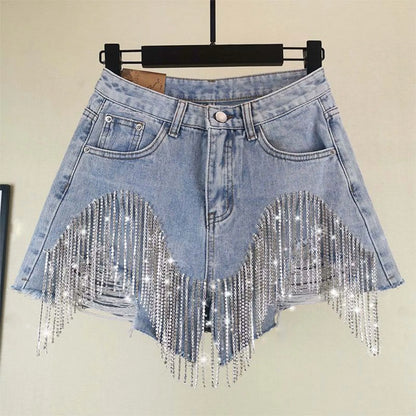 Women's Fashion Casual Solid Color High Waisted Denim Shorts with Diamond Embellishments and Heavy Tassel Chain A-Line Wide Leg