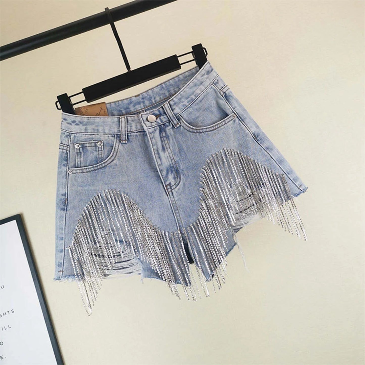 Women's Fashion Casual Solid Color High Waisted Denim Shorts with Diamond Embellishments and Heavy Tassel Chain A-Line Wide Leg