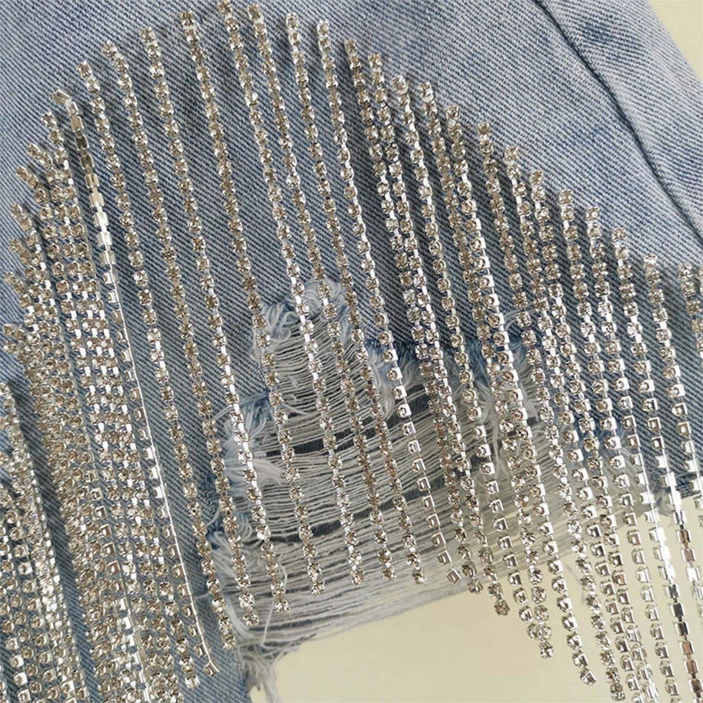 Women's Fashion Casual Solid Color High Waisted Denim Shorts with Diamond Embellishments and Heavy Tassel Chain A-Line Wide Leg