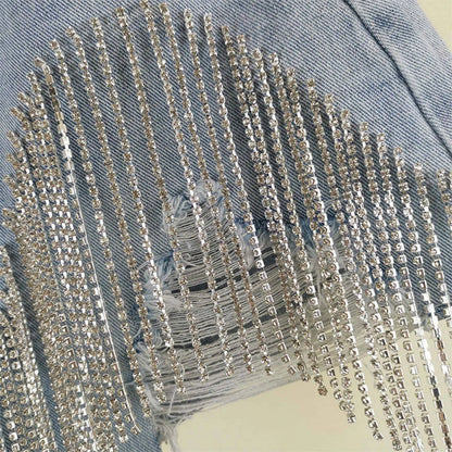 Women's Fashion Casual Solid Color High Waisted Denim Shorts with Diamond Embellishments and Heavy Tassel Chain A-Line Wide Leg